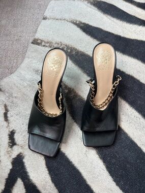 Vince Camuto Black Leather Chain-Trim Mules